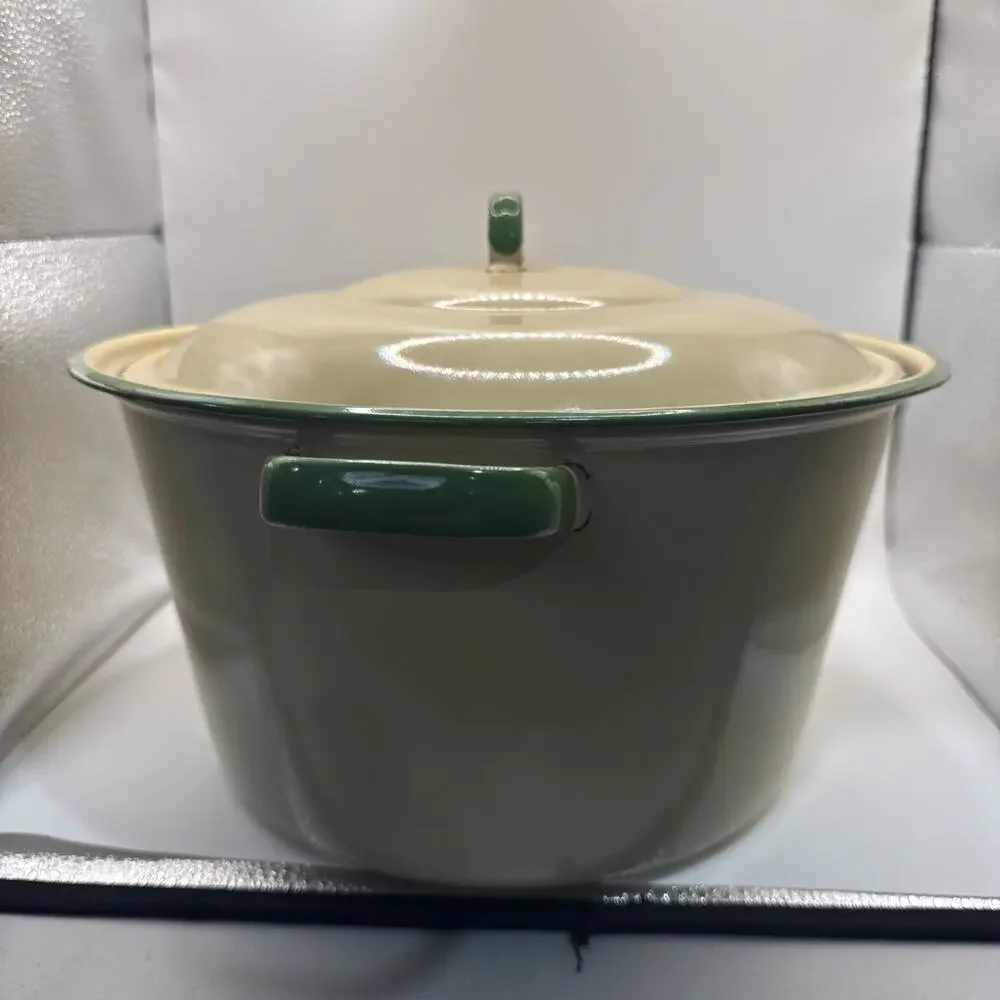 Vintage Cream And Green Enamel Cast-Iron Dutch Oven With Lid